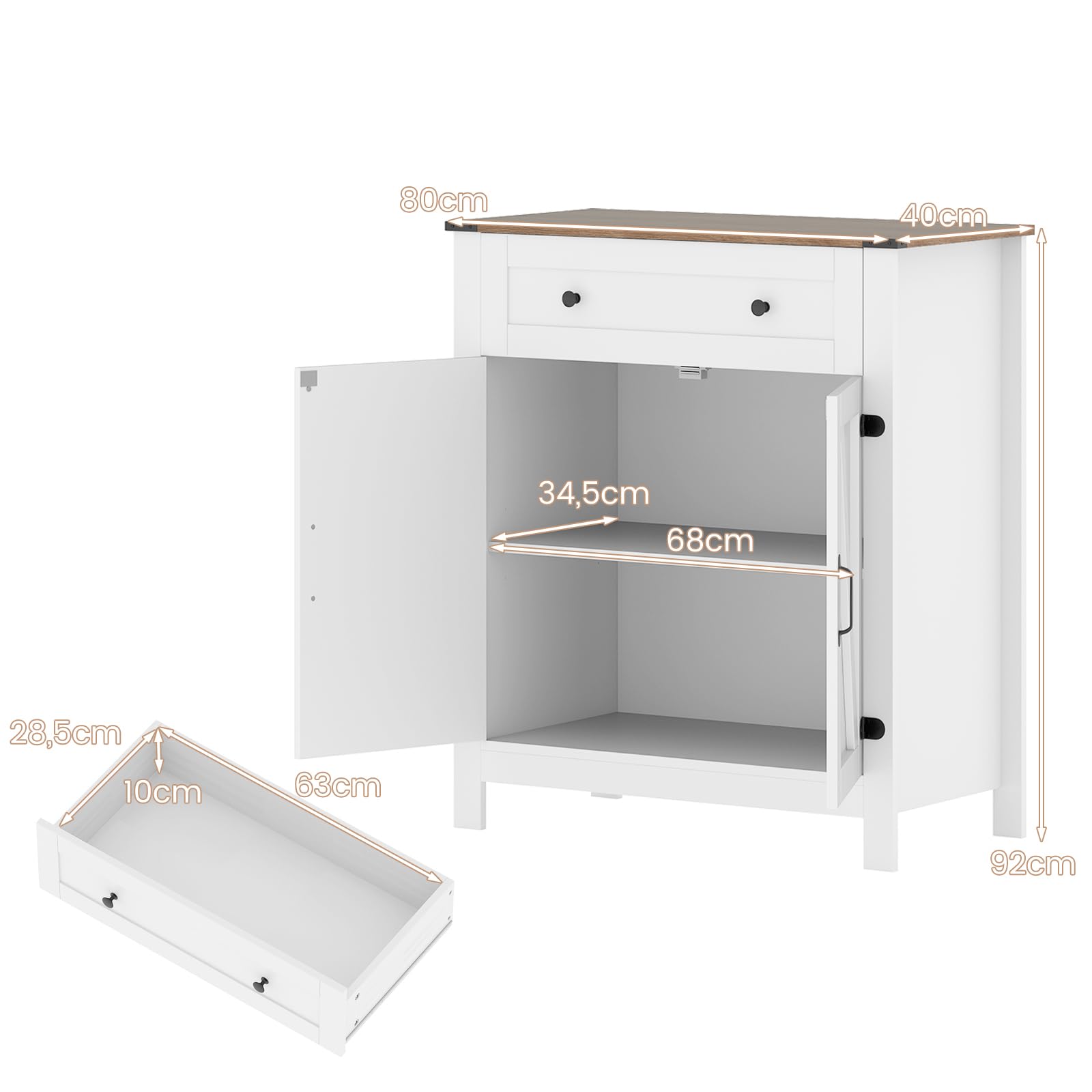 GIANTEX Buffet de cuisine - Commode avec plan de travail - Armoire de buffet avec tiroir et étagère réglable - En bois - Style maison de campagne - Armoire polyvalente debout - 80 x 40 x 92 cm - Blanc