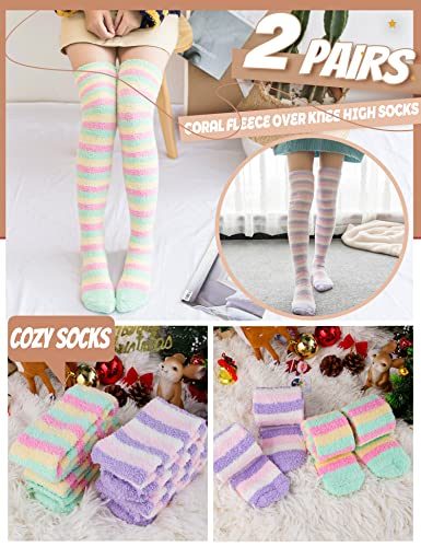 MOGGEI Womens Thigh High Fuzzy Socks Warm Winter Over Knee High Long Striped Fluffy Cozy Fleece Socks 2 Pairs3
