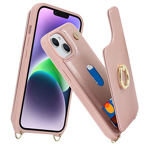 Lipvina For Iphone 13 Case With Card Holder For Women,For Iphone 13 Phone Case With Strap,Crossbody Lanyard,Ring Stand,Rfid Blocking,Cute Wallet Cases For Iphone 13 6.1 Inch(Rose Gold) #TOP1