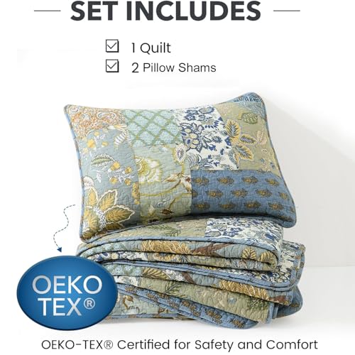 NEWLAKE Quilt Set California King Size, 100% Cotton Patchwork Green Bohemian Quilt Sets, Reversible Bedspread Lightweight and Breathable for All Seasons, Soft Quilted Bedspread with 2 Pillow Shams