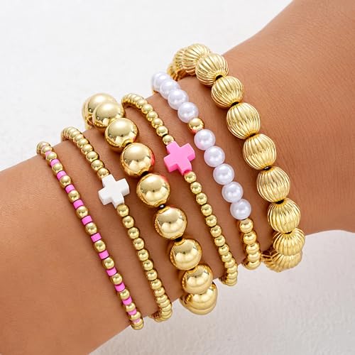 Long tiantian Gold Beaded Bracelet Stack for Women Pearl Cross Stretch Bracelets Non Tarnish Trendy Halloween Christmas Jewelry Gifts2