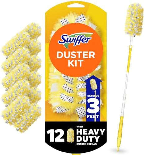 Swiffer Duster Kit with 3 ft Extendable Handle, Heavy Duty Dusting Starter Kit with 12 Refills, for Ceiling Fans, Vents and Hard to Reach Places