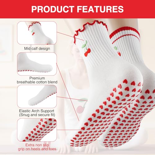 2 Pairs Cute Pilates Grip Socks, Yoga Grippy Ruffle Cuff Workout Ballet Non-Slip Athletic Sticky Sock (Size 5-11)3