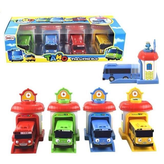 ТоуAE - Cartoon Tayos The Little Bus Container Truck Storage Box Parking Lot With 3 Pull Back Mini Car Тоуs For Children Birthday Gifts (4pcs car with box)