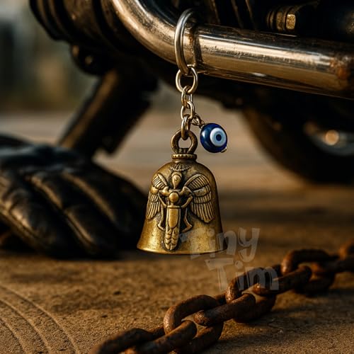 Image of Tiny Tim Guardian Bell with Evil Eye Charm - Protective Motorcycle & Car Accessory - Tibetan-Inspired Design - Wards Off Negative Energy - Ideal Gift for Bikers & Travelers