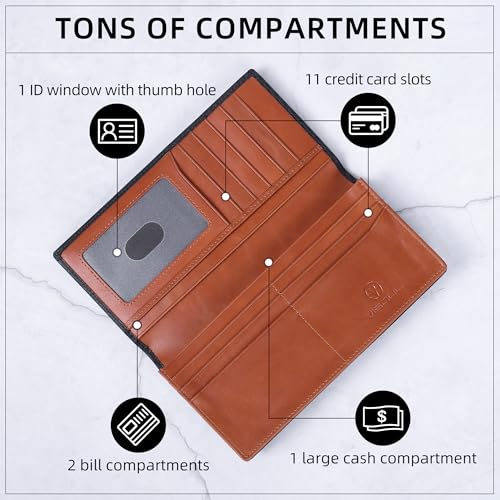 Image of VISOUL Leather Checkbook Cover Wallet for Men with RFID Blocking, Mens Long Bifold Cash Tall Wallet with 11 Credit Card Slots 1 ID Window (Black+Orange)