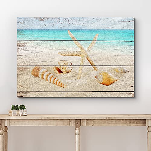 wall26 Canvas Print Wall Art Starfish & Seashell Shore on Wood Panels Nature Wilderness Mixed Media Modern Art Rustic Relax/Calm Multicolor for Living Room, Bedroom, Office - 12"x18" - Image 3