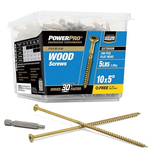 Power Pro Premium Exterior Wood Screws, #10 x 5 Inch All-Purpose Deck Screws for Outdoor Projects, T-25 Star Bit Included, Bronze, 194 Pieces | 48617V4