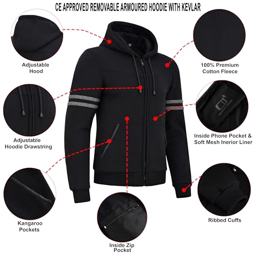 BTR BORN TO RACE Men’s Motorcycle Hoodie – Armored Fleece Biker Hoodie with CE Approved Protection Removable Pads (US, Alpha, XX-Large, Regular, Regular, Black)