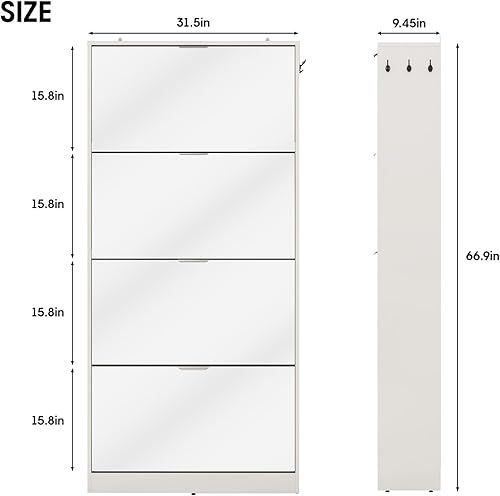 Miniatura 2 de Maupvit Zapatero con espejo con 4 cajones abatibles, organizador de zapatos de madera con 4 niveles para espacios pequeños, zapatero de espejo de