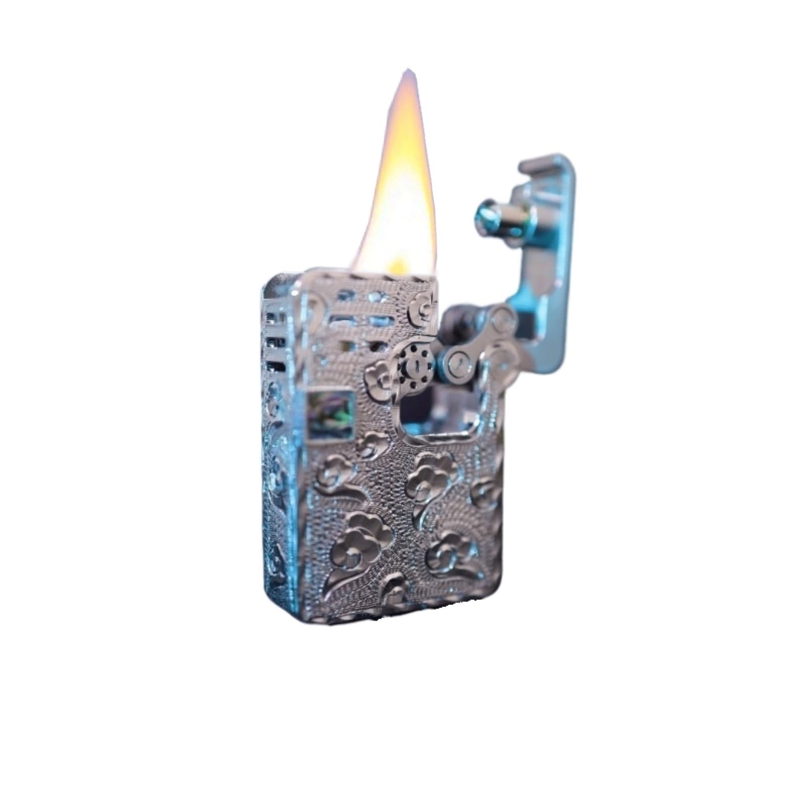 Vintage Mechanical Gear Kerosene Lighter Hand-Embossed Clouds Wheel Soft Flame Suitable for Collection Decoration Gift Silver