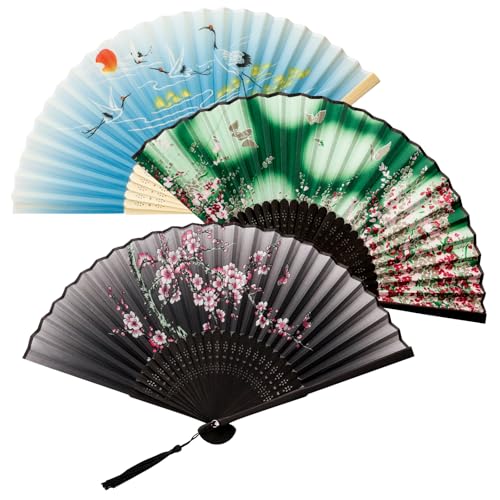 3 Piezas Abanico Plegables de Bambú Chino Portátil Abanicos de Mano con Borlas Abanicos Boda Verano para Decoración de Pared Regalos Fiesta Baile Arte Azul Verde Negro Grullas Mariposas Flores