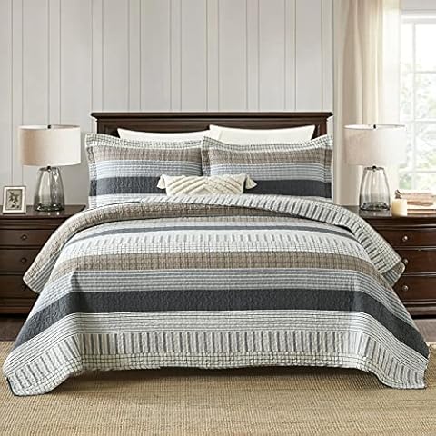 Finlonte Quilt King Size, King Quilt Set, Cotton Quilt, Grey Striped King Quilt Bedding Set Bedspreads, Reversible Lightweight Quilt Bedspread Set for All Season, 3-Piece Cover