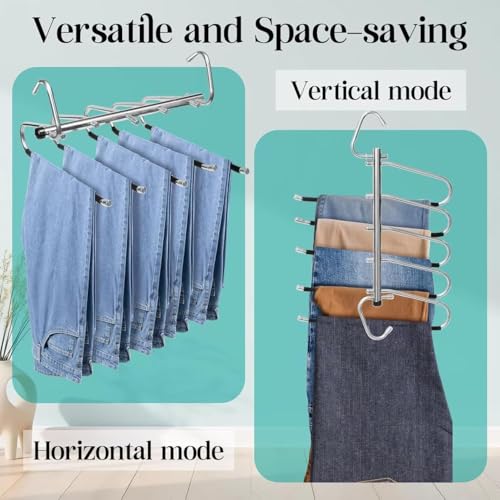 Image of SR (Pack of 3) 5 in 1 Stainless Steel Foldable Hangers for Clothes Hanging Multi Layer Multi-Purpose Pant Hangers for Wardrobe Magic Foldable Hanger Clothes Hanger
