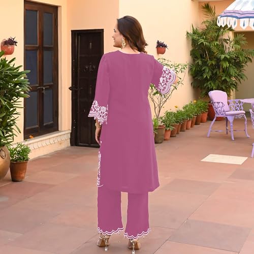 Image of BHARVITA Women's Cotton Lucknowi Embroidered Chikankari Work Straight Kurta with Pant Set for Every Occasion