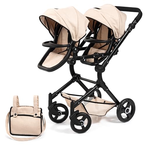 Bayer Design 26275AA Cochecito de muñeca gemelas, Carrito Paseo para muñecos, Ajustable en Altura, Plegable, con Bolsa