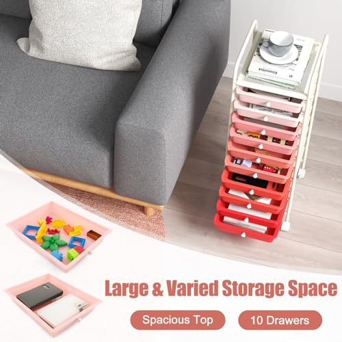 HOMGX Storage Cart with 10 Drawers, 10 Tiers Rolling Drawer Cart with 2 Lockable Wheels, Slim Rolling Storage Cart for Office/School/Home, Gradient Pink - Thumbnail 6