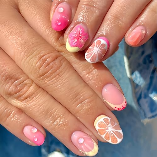24Pcs 3D Flower Press on Nails Short Almond Fake Nails with Hawai...