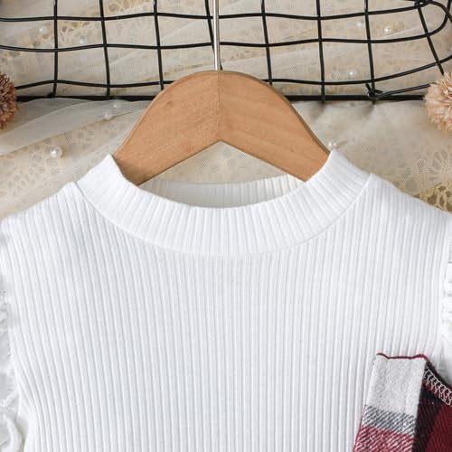 Image of Toddler Girls Christmas Outfits Girls Puff Sleeve Knit Ribbed Tops Button Down Vest Plaid Skirt Set Winter Clothes