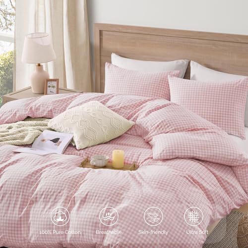 Image of Andency Pink Gingham Duvet Cover Twin, 100% Wash Cotton Linen Like Textured Breathable Comforter Cover Set, 2 Piece Blush Classic Yarn-Dyed Checkered Plaid Bedding Set for Dorm Kids Teens, 66 inch*90 inch