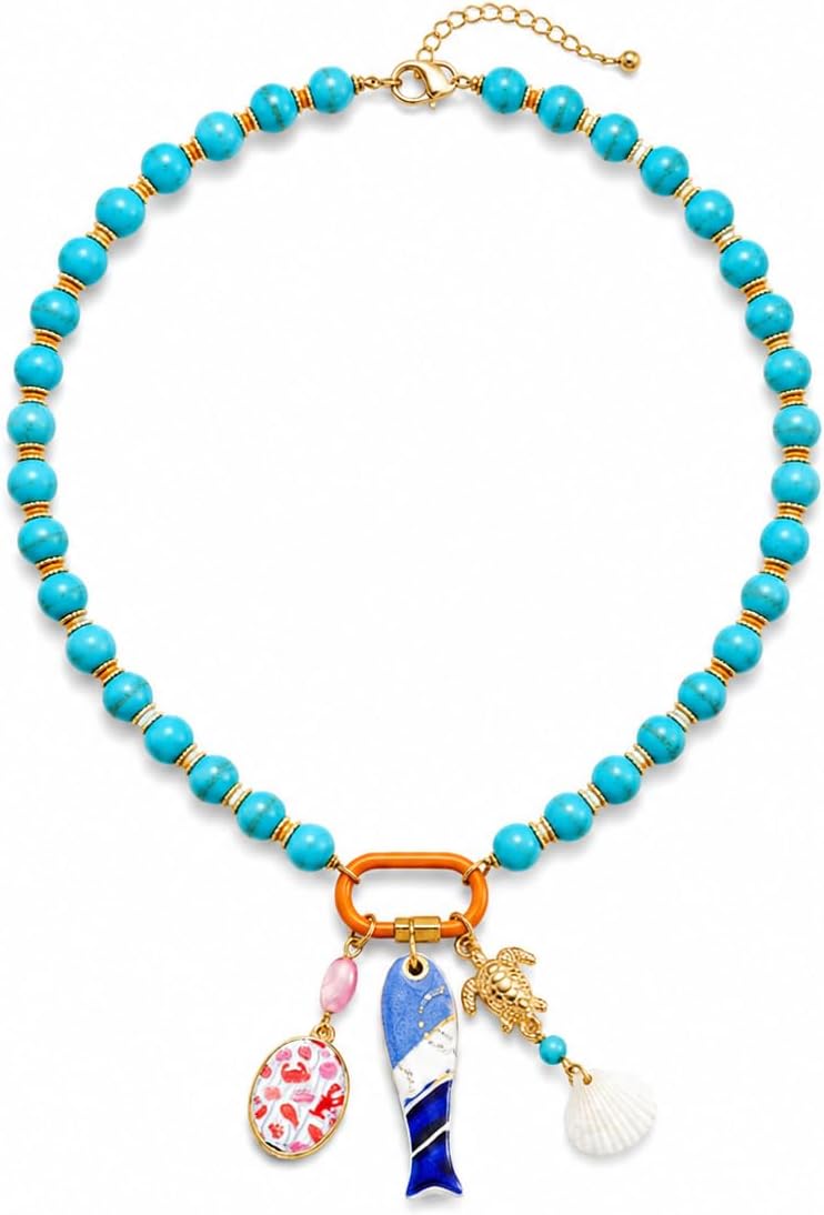 Colorful Beaded Necklace with Ocean Charms For Women, Boho Chunky Puffy Heart Starfish Shell Fish Paperclip Pendant Statement Choker Summer Beach Jewelry Gift