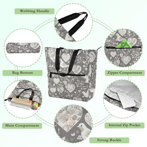 Decorative Kids Cute Tote Bags for Kids Adults, Grey and White Valentine Love Bird Waterproof Tote Bag Resuable Grocery Bag with Zipper for School Shopping Beach Rainbow para libros de lectura3
