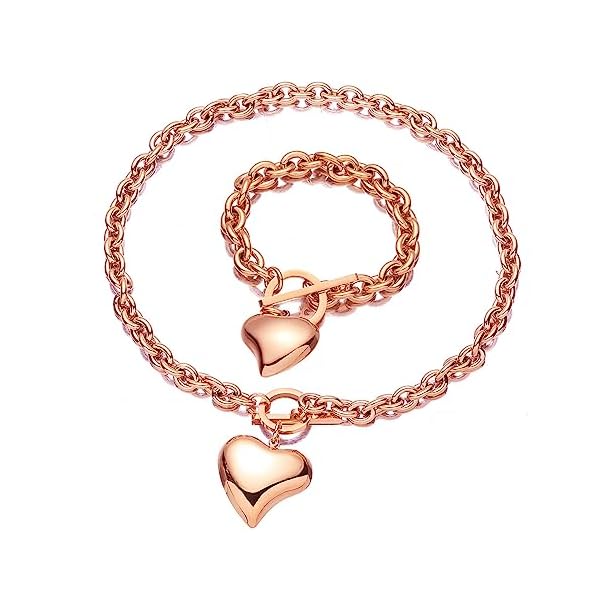 Silver 18k Gold Rose Gold Plated Charm Chunky Stainless Steel Chain Heart Toggle Choker Bracelet Necklace Set for Womens Girls Fashion Valentine Jewelry Set