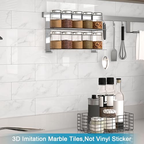 Image of BeNice Peel and Stick Backsplash for Kitchen Tile,Peel and Stick Tiles for Walls Tile Stickers Waterproof Marble Tile Backsplash 3.85 inchx11.73 inch(16Tiles) Carrara White