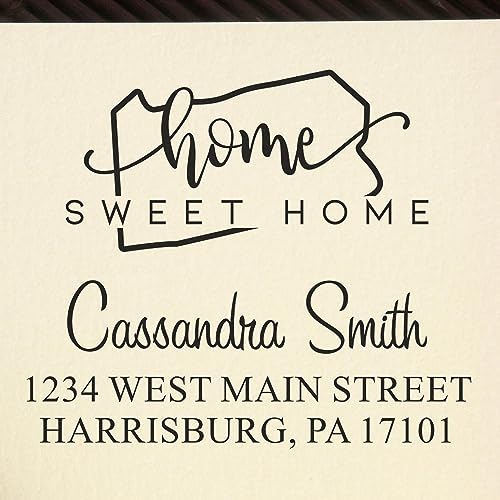Self-Inking Pennsylvania Home Sweet Home Square Address Stamp, Use for Envelopes, Available in 11 Ink Colors, Square Design, Size 1-5/8"