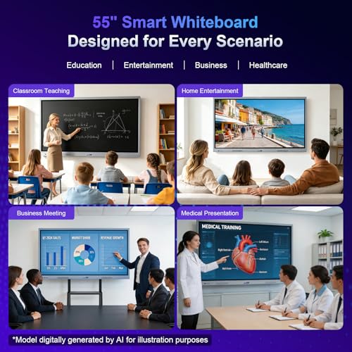 Image of 55 inch 4K Interactive Whiteboard, Dual OS Windows 11 /Android 11 Smart Board with 20-Point Touch & Wi-Fi 6, Wireless Collaboration Hub for Classroom Office Home (Board Only)