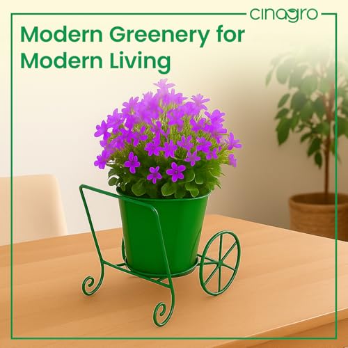 Image of CINAGRO Metal Wagon Planter, Green Pram Rickshaw-Shaped Metal Plant Stand for Indoor & Outdoor Use, 2 Wheel Pot Stand, Flower Vase, Decorative Iron Pot Holder for Flowers & Ornaments, 27 x 13 x 21 cm