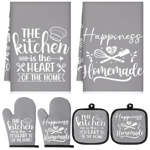 Sratte 6 Pcs Kitchen Decor Accessories Set Farmhouse Towels Pot Holders Oven Mitts Set 2 Dish Towels 2 Potholders 2 Cooking Mittens Oven Glove for Christmas Baking Cooking Supply(Gray,Kitchen)