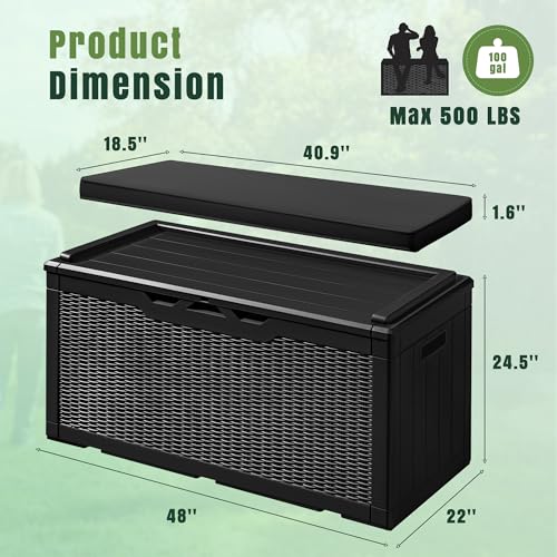 Image of Greesum 100 Gallon Resin Deck Box Large Outdoor Storage with Cushions for Patio Furniture, Garden Tools, Pool Supplies, Weatherproof and UV Resistant, Lockable, Dark Black