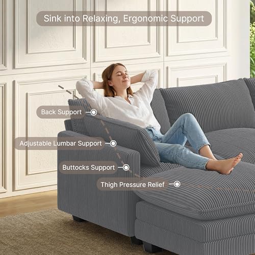 Image of Gizoon 110'' Oversized L Shaped Couch for Living Room, Cloud Couches with Washable Corduroy Cover, Modern 4-Seater Comfy Deep-Seat Sofa with Movable Ottoman and 2 Throw Pillows for Apartment, Gray