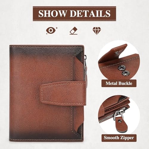 Genuine Leather Wallet for Men Slim Bifold Zipper RFID Blocking Large Capacity Card Holder Coin Pocket Front Pocket Gift (Brown)4