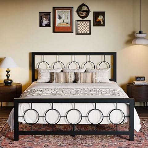 SHA CERLIN Queen Size Metal Bed Frame with Vintage Circular Design Headboard and Footboard,No Box Spring Required,Easy Assembly,Noise-Free,Black Cover