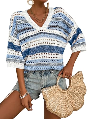 Image of Acelitt Crochet Tops for Women Summer Short Sleeve Sweater | Boho Striped Knit Top, 3 /4 Sleeve, Hollow Out Oversized Sweaters, Lightweight Blouses, Spring Fall Outfits for Beach Vacation