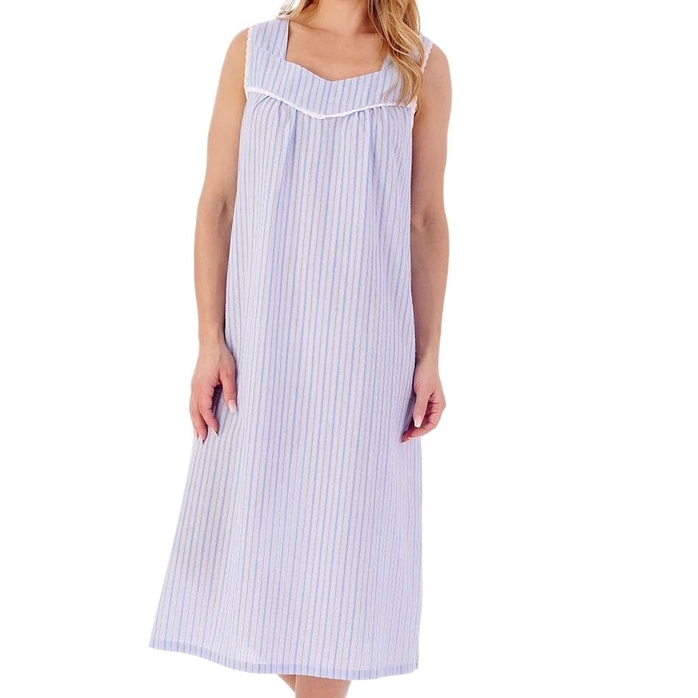 Slenderella Seersucker Broad Strap Gathered Yoke 46 inch Nightdress (24/26, Blue)