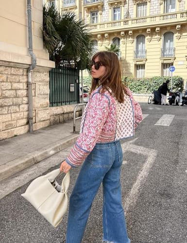 Womens Cropped Puffer Jacket Lightweight Floral Print Open Front Short Outerwear Coats Quilted Padded Jackets2