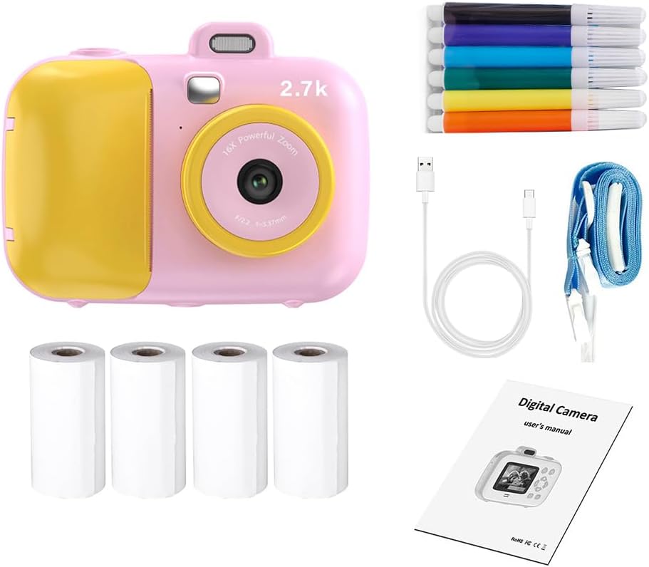 Cute Kids Instant Camera, 2.7K 42MP 2.4" Kids Digital Camera with 16X Digital Zoom, 4 Rolls Printing Paper Lanyard Great Gift for Girls and Boys Ages 3-14