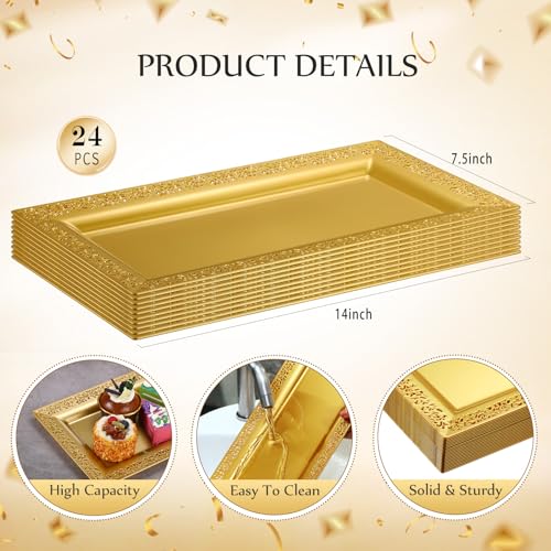 Maxcheck LNY-MAXCHECK-2108 24 Pcs Gold Plastic Serving Tray Platter Set 14 X 7.5 Inches Gold Lace Rim Serving Trays thumb #1