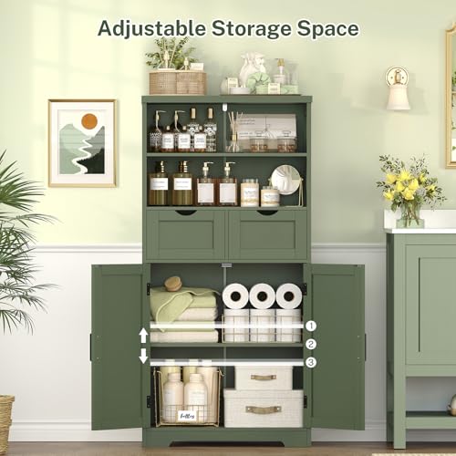 Image of TEENFON Bathroom Cabinet with Adjustable Shelf & 2 Drawers, Farmhouse Storage Cabinet with 2 Doors, Kitchen Storage Cabinets for Living Room, Entryway, Home Office, Forest Green