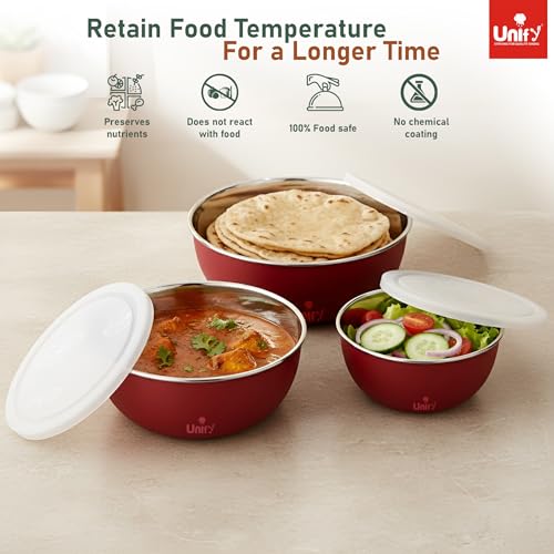 Image of Unify 3 Pieces Stainless Steel Bowl Set with Lid (1100ml, 750ml, 550ml) | Food Grade Steel Mixing & Storage Bowls | Multipurpose Kitchen Container for Dal, Sabzi, Curd & Leftovers