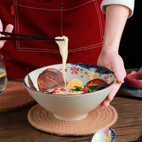 Ramen Schüssel Set 2 x 1200ml Keramik Ramen Bowl mit Essstäbchen und Löffeln,Japanisches Stil Porzellan Geschirr Suppenschüssel Groß Salatschüssel Pho Bowl,Mikrowelle & Spülmaschinenfest,Blume
