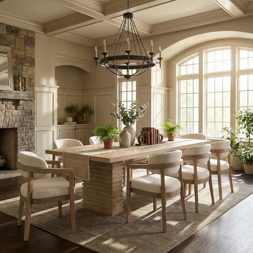 Christopher Knight Home Lanford Modern Dining Table Set for 8, Rectangular Kitchen Table and Dining Chairs Set of 8, Rubberwood Dining Room Table Set for 8, Beige+Natural Ash