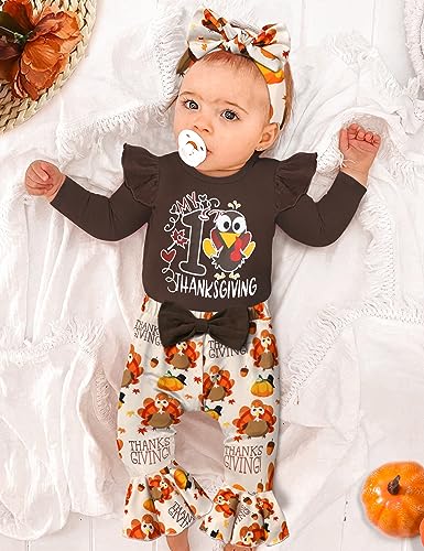 CRISONE Baby Girl Thanksgiving Outfit Long Sleeve Ruffle Romper + Turkey Pants + Headband + Hat 4pcs Clothes Set2