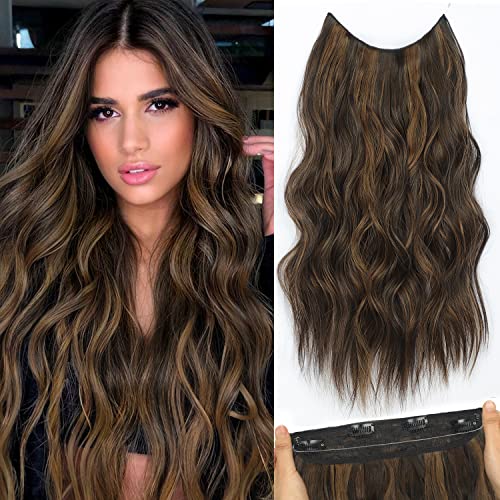 DeeThens Brown Mix Highlight Hair Extensions Invisible Wire Hair Extension for Women Long Wavy Hair Extensions with Transparent Headband Adjustable Size Hair Extensions for Women 20 Inch