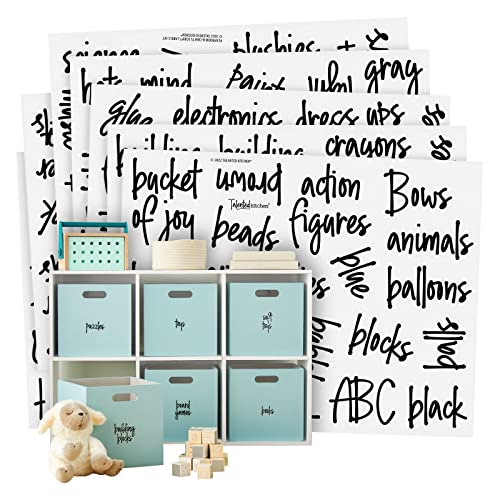 Talented Kitchen Playroom Labels for Toy Bins & Baskets - 147 Water-Resistant Clear Vinyl Toy Storage Labels, Black Script, 1.0-1.5 in - Organization Stickers for Playroom Organization