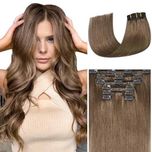Ukira Ash Brown Clip in Hair Extensions Real Human Hair, 75g 15 Inch 7pcs #8 Ash Brown Human Hair Extensions, Silky Straight Remy Human Hair Clip in Extensions for Women