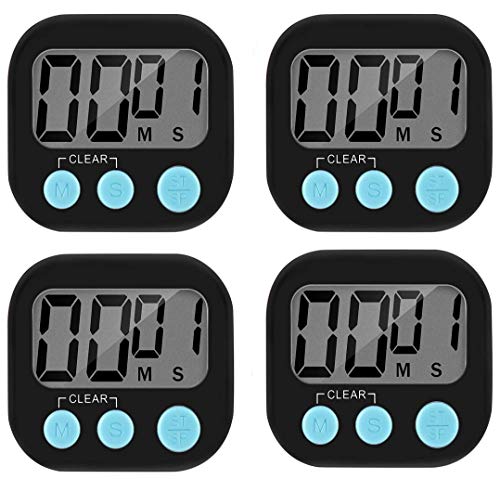 4 Pack Digital Kitchen Countdown Timer ONOff Switch Big Digits Loud Alarm Magnetic Backing Stand and Large LCD Display Cute Timers for Cooking Baking Classroom Teacher Kids Elderly BlackBlue